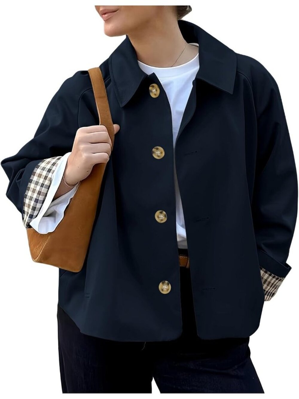 Women Navy Cropped Single Breasted Button Front Plaid Cuff Lining Trench Coat